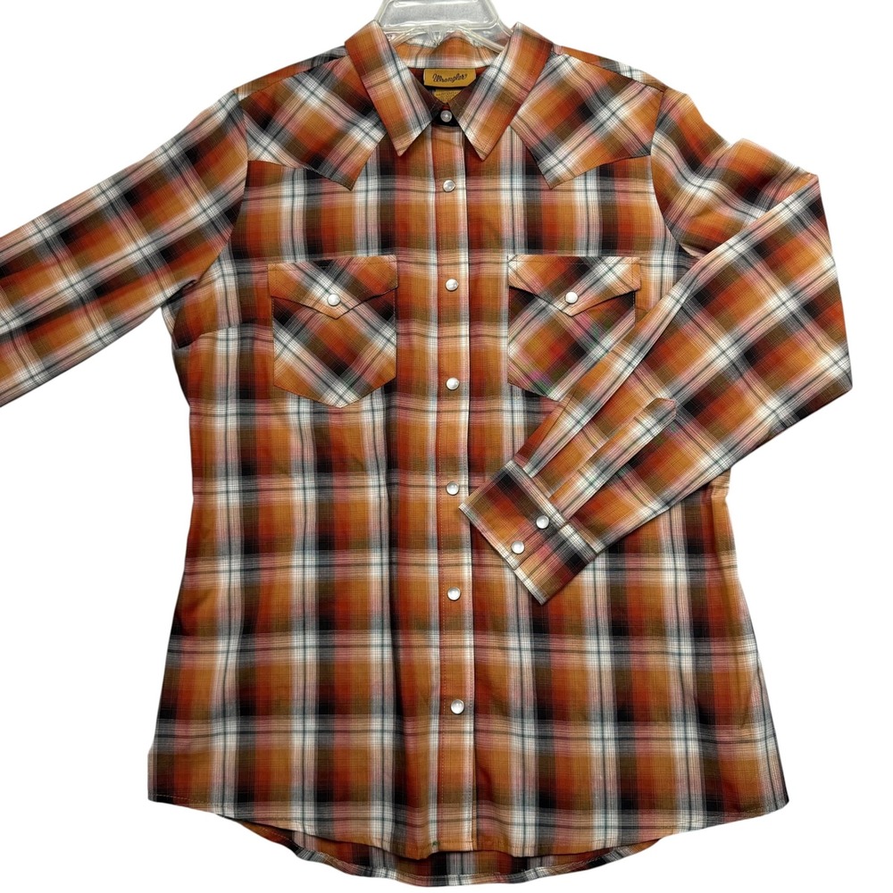 Wrangler Western Snap Shirt Mens Medium Orange Plaid Pearl Snap Long Sleeve